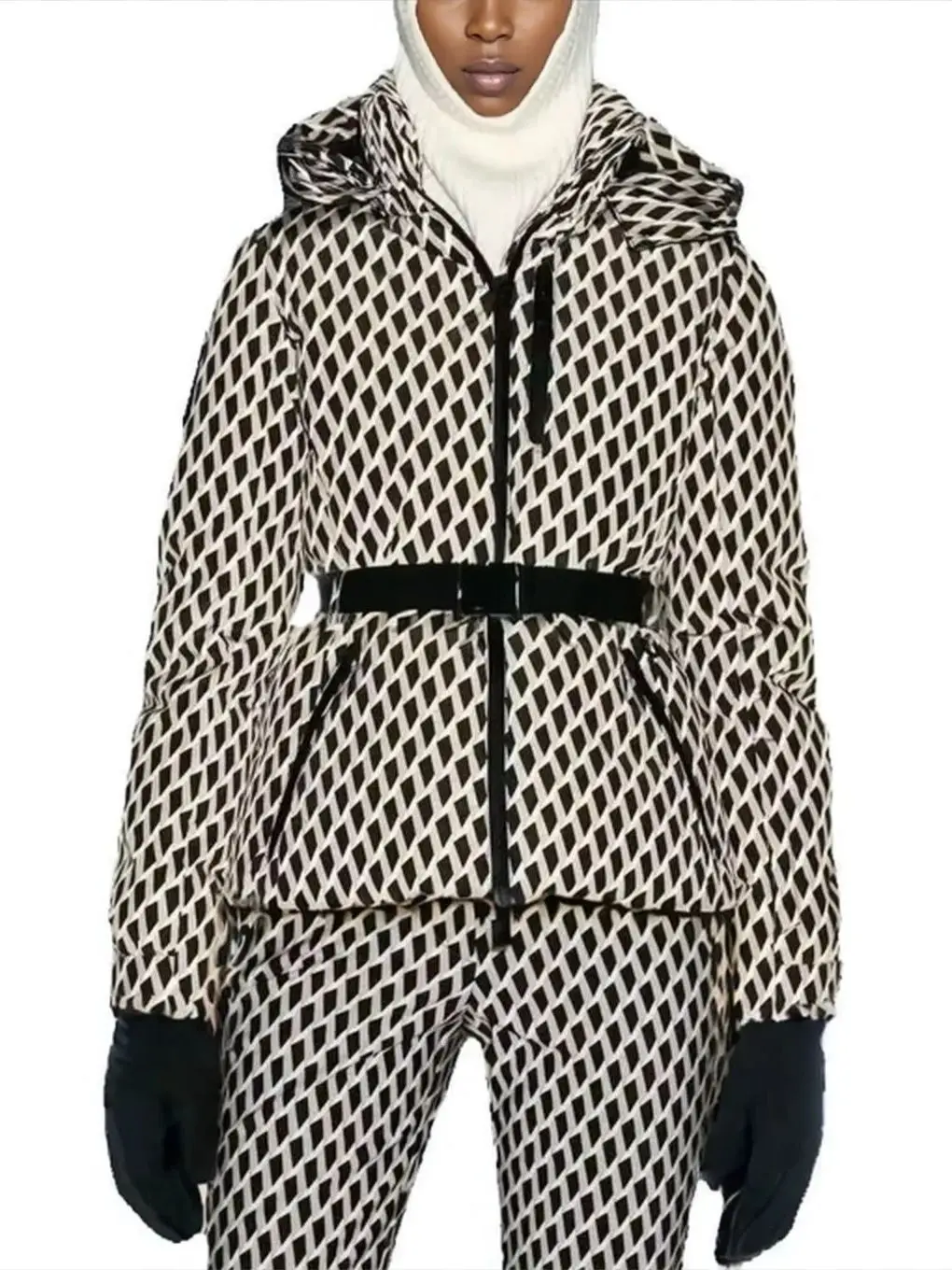 Women's Fashion Winter Hooded High Waist Padded Sport Coats Belt Parka Female Elegant Thick Warm Pocket Windproof Skiing Jackets