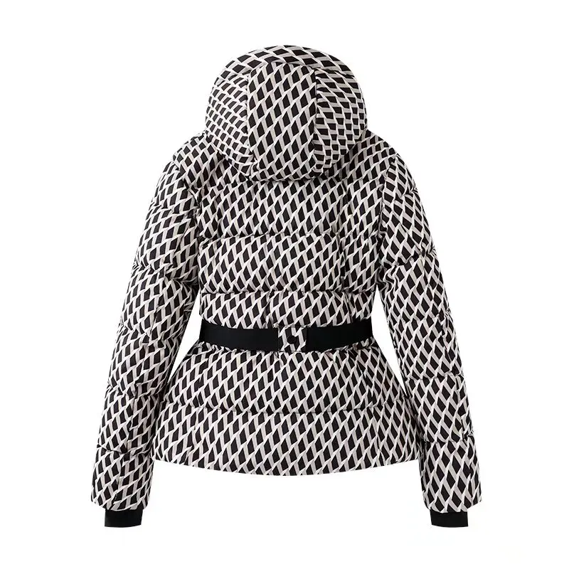 Women's Fashion Winter Hooded High Waist Padded Sport Coats Belt Parka Female Elegant Thick Warm Pocket Windproof Skiing Jackets