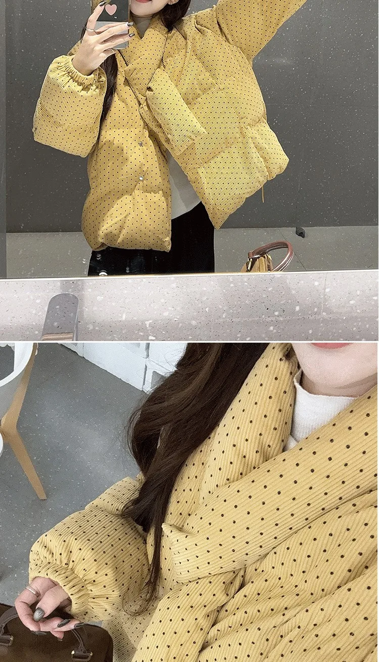 Yellow Polka Dot Corduroy Padded Jacket Women Autumn Winter Cross V Neck Puffer Jackets Female Loose Daily Wear Thick Outerwear