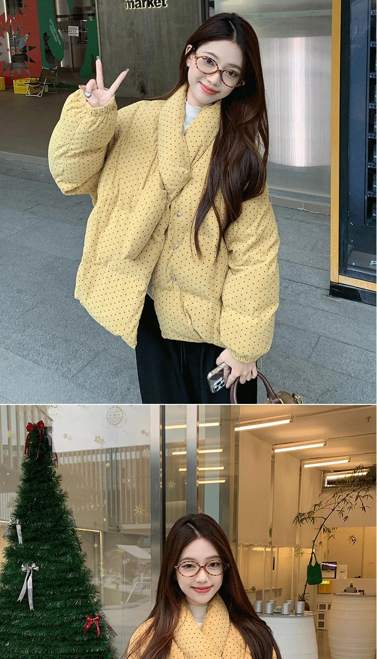 Yellow Polka Dot Corduroy Padded Jacket Women Autumn Winter Cross V Neck Puffer Jackets Female Loose Daily Wear Thick Outerwear