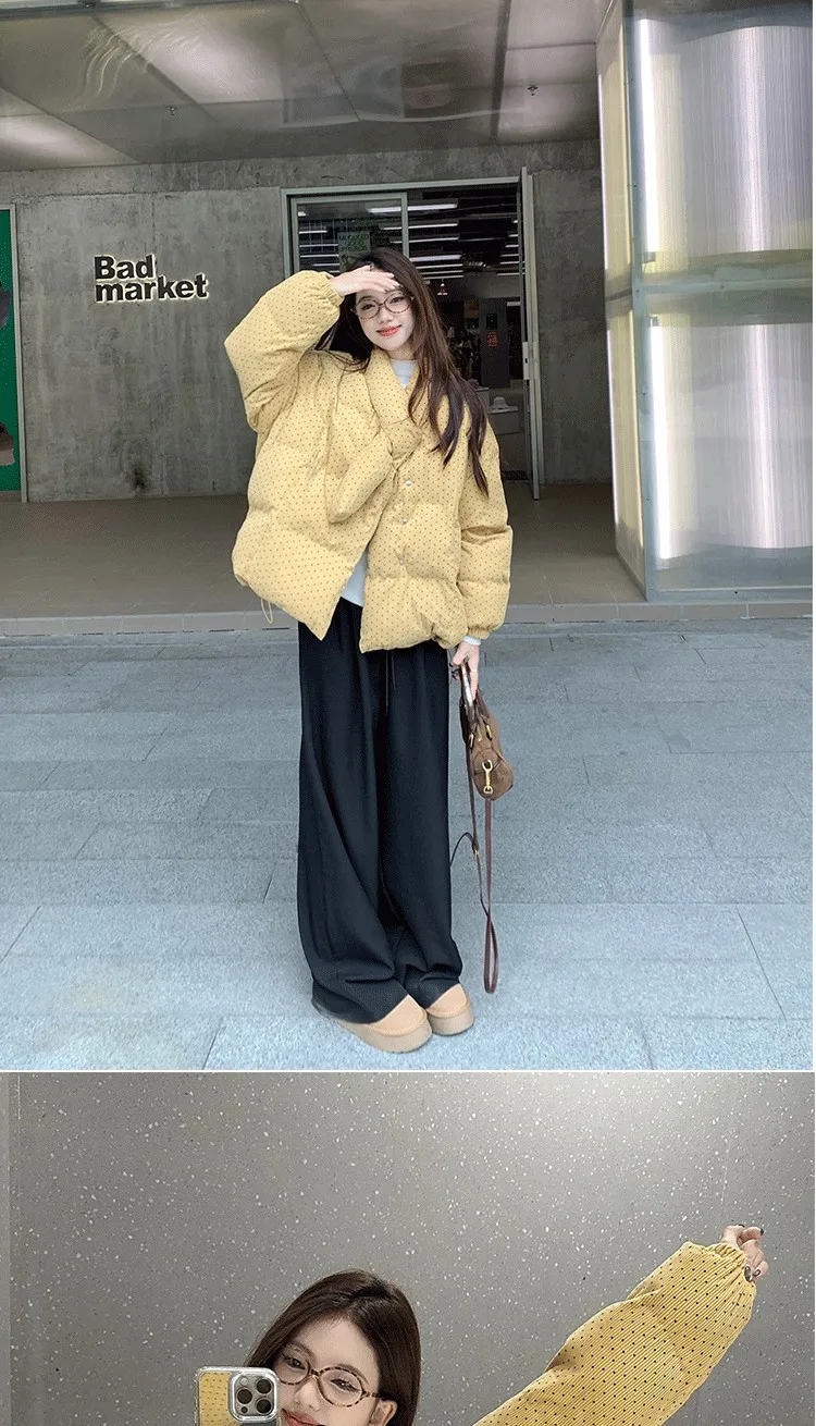 Yellow Polka Dot Corduroy Padded Jacket Women Autumn Winter Cross V Neck Puffer Jackets Female Loose Daily Wear Thick Outerwear