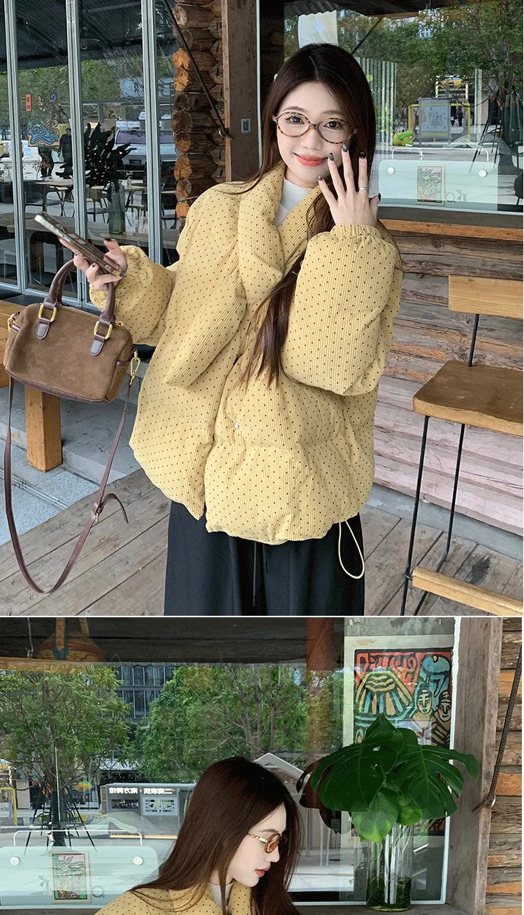 Yellow Polka Dot Corduroy Padded Jacket Women Autumn Winter Cross V Neck Puffer Jackets Female Loose Daily Wear Thick Outerwear
