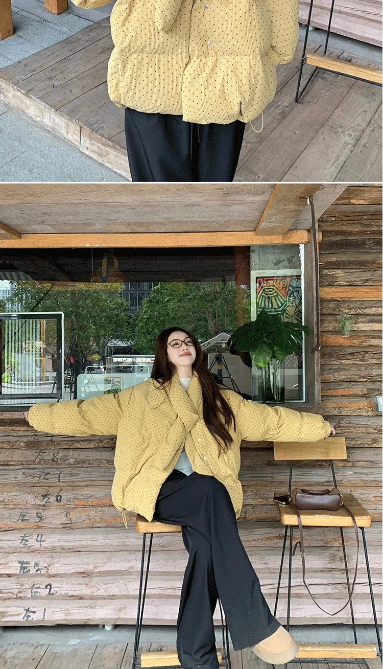 Yellow Polka Dot Corduroy Padded Jacket Women Autumn Winter Cross V Neck Puffer Jackets Female Loose Daily Wear Thick Outerwear