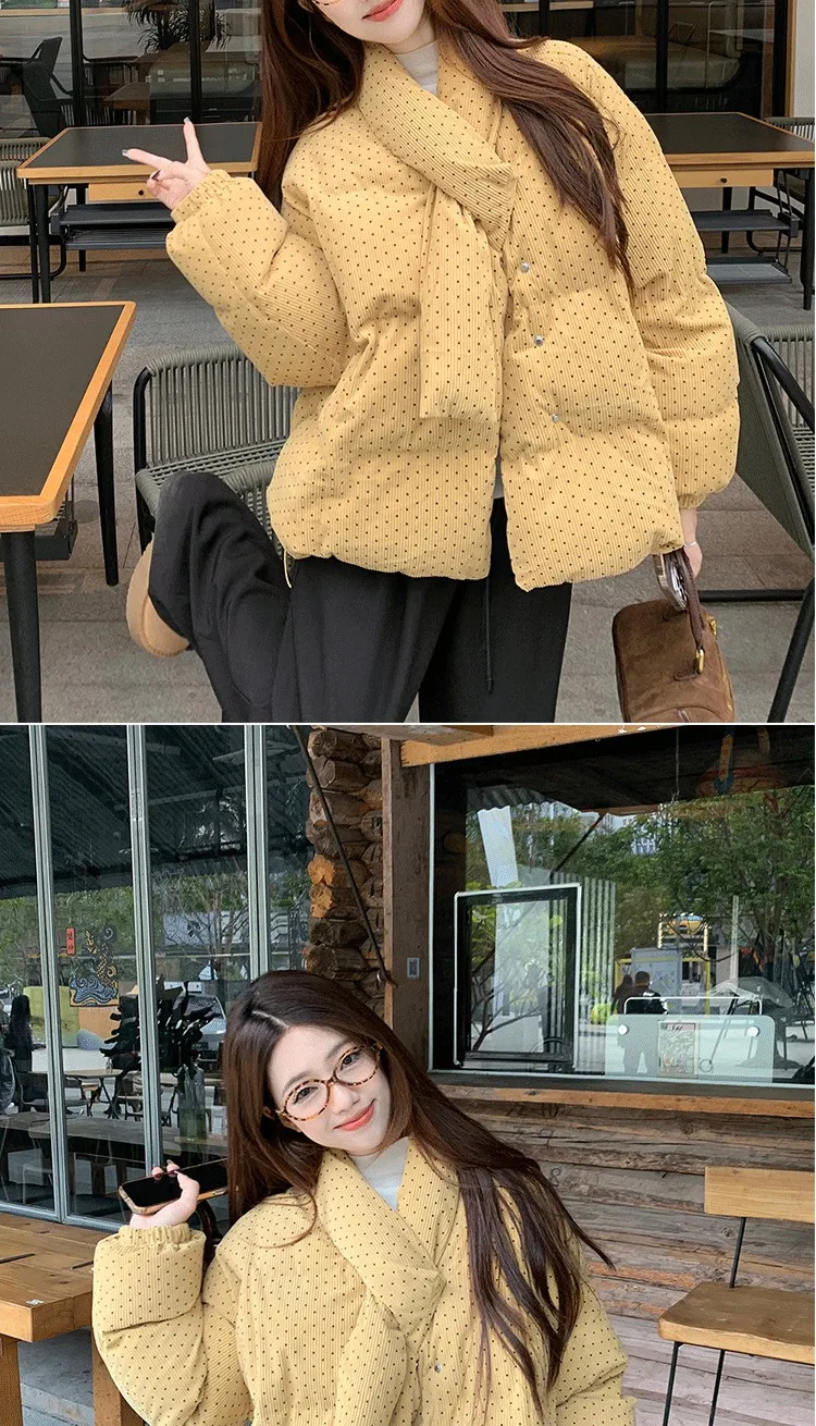 Yellow Polka Dot Corduroy Padded Jacket Women Autumn Winter Cross V Neck Puffer Jackets Female Loose Daily Wear Thick Outerwear