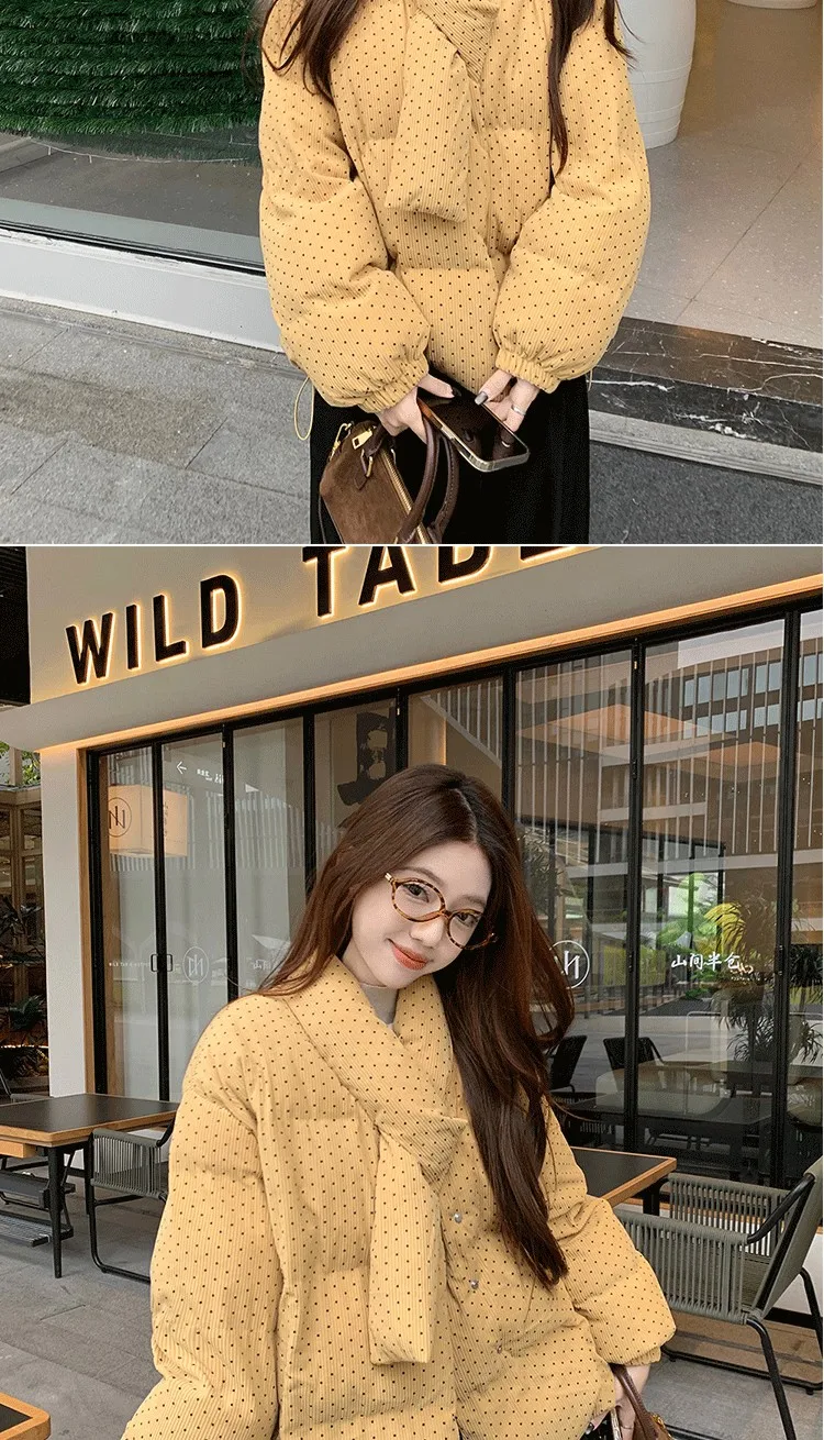 Yellow Polka Dot Corduroy Padded Jacket Women Autumn Winter Cross V Neck Puffer Jackets Female Loose Daily Wear Thick Outerwear