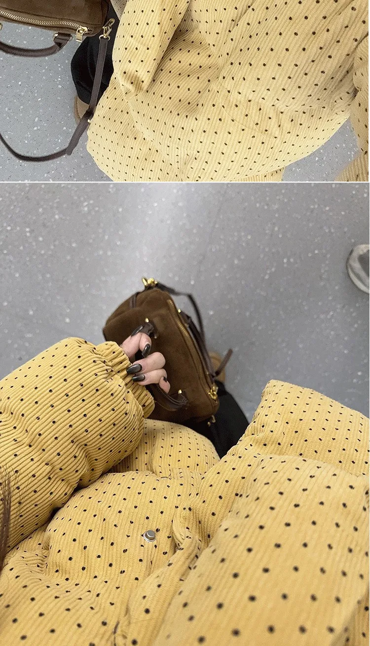 Yellow Polka Dot Corduroy Padded Jacket Women Autumn Winter Cross V Neck Puffer Jackets Female Loose Daily Wear Thick Outerwear