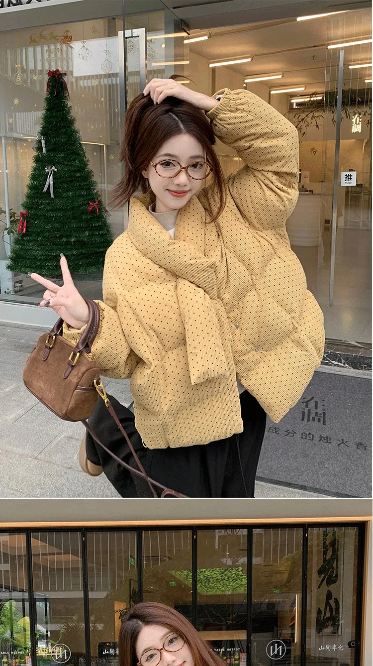 Yellow Polka Dot Corduroy Padded Jacket Women Autumn Winter Cross V Neck Puffer Jackets Female Loose Daily Wear Thick Outerwear