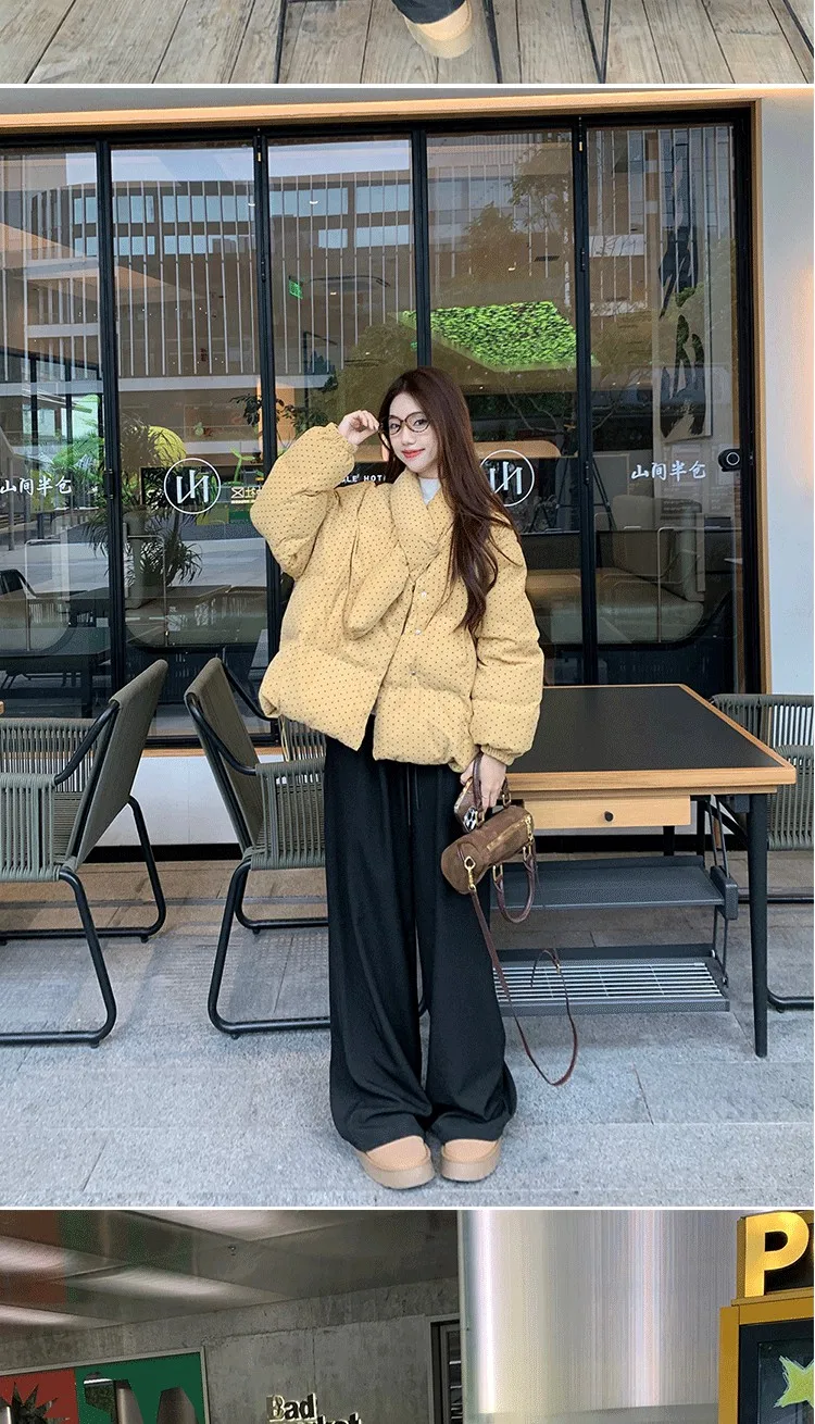Yellow Polka Dot Corduroy Padded Jacket Women Autumn Winter Cross V Neck Puffer Jackets Female Loose Daily Wear Thick Outerwear