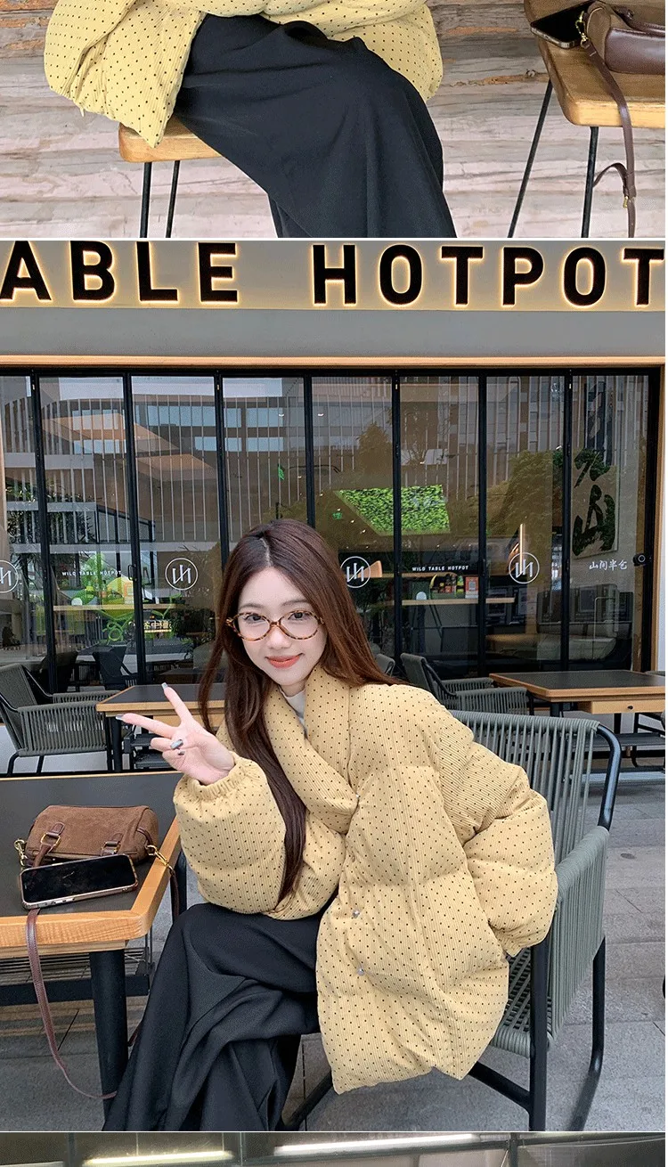 Yellow Polka Dot Corduroy Padded Jacket Women Autumn Winter Cross V Neck Puffer Jackets Female Loose Daily Wear Thick Outerwear