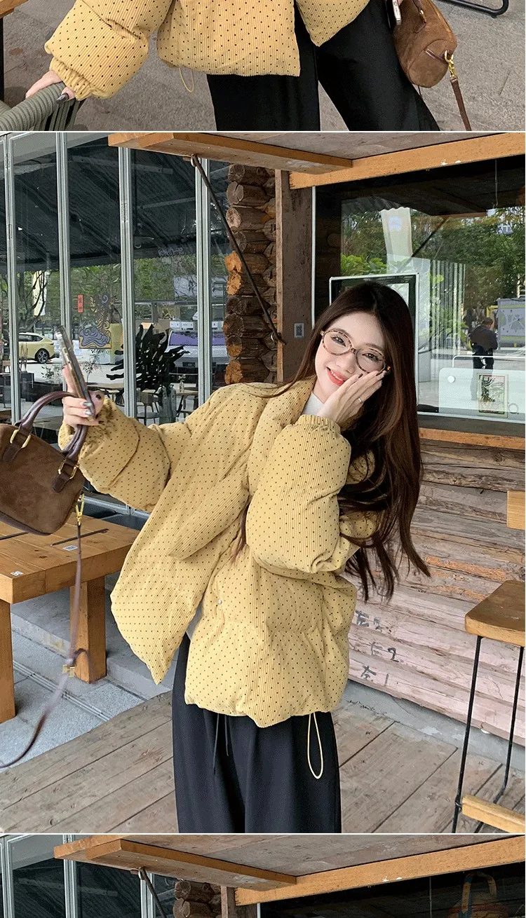 Yellow Polka Dot Corduroy Padded Jacket Women Autumn Winter Cross V Neck Puffer Jackets Female Loose Daily Wear Thick Outerwear