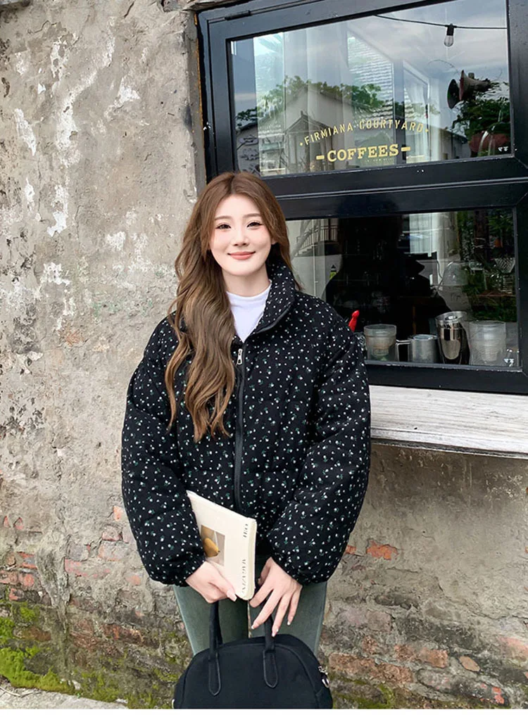 Sweet Fresh Floral Print Cotton Jacket For Women 2024 Vintage Design Women's Parkas Winter Loose Warm Stand Collar Bread Outwear