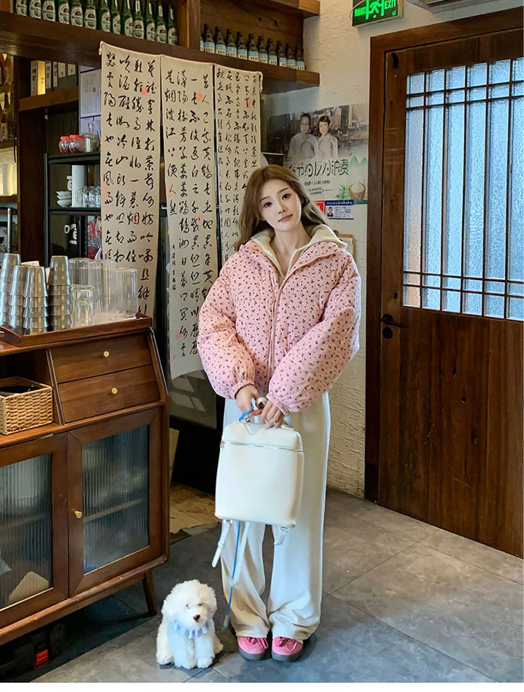 Sweet Fresh Floral Print Cotton Jacket For Women 2024 Vintage Design Women's Parkas Winter Loose Warm Stand Collar Bread Outwear