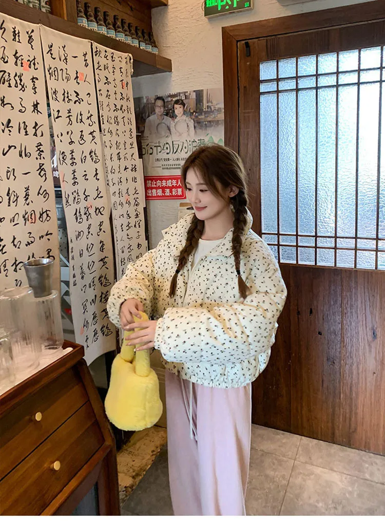 Sweet Fresh Floral Print Cotton Jacket For Women 2024 Vintage Design Women's Parkas Winter Loose Warm Stand Collar Bread Outwear