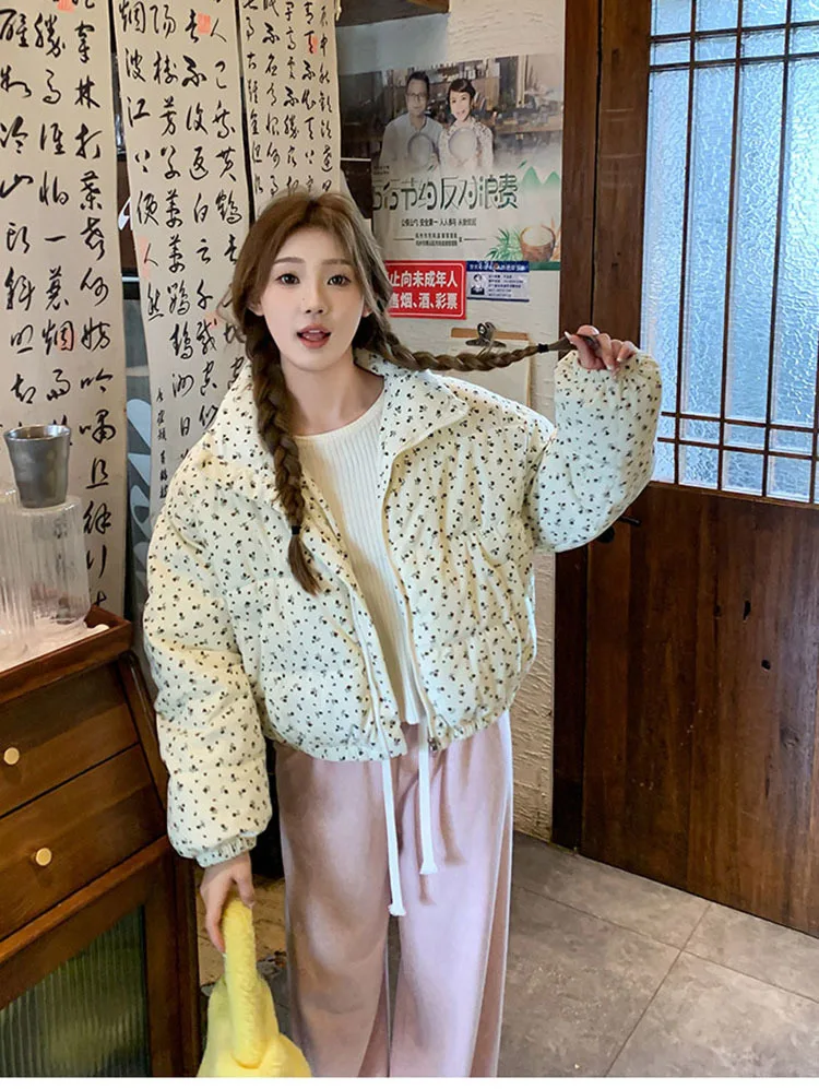 Sweet Fresh Floral Print Cotton Jacket For Women 2024 Vintage Design Women's Parkas Winter Loose Warm Stand Collar Bread Outwear