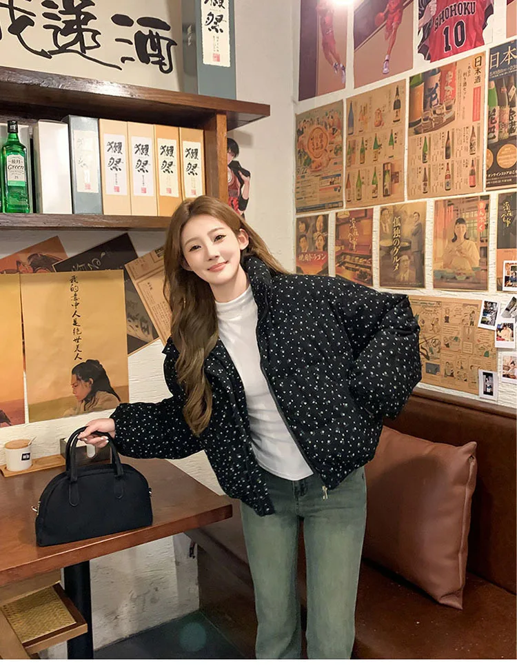 Sweet Fresh Floral Print Cotton Jacket For Women 2024 Vintage Design Women's Parkas Winter Loose Warm Stand Collar Bread Outwear