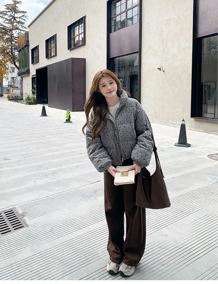 Sweet Fresh Floral Print Cotton Jacket For Women 2024 Vintage Design Women's Parkas Winter Loose Warm Stand Collar Bread Outwear