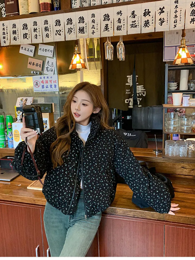 Sweet Fresh Floral Print Cotton Jacket For Women 2024 Vintage Design Women's Parkas Winter Loose Warm Stand Collar Bread Outwear