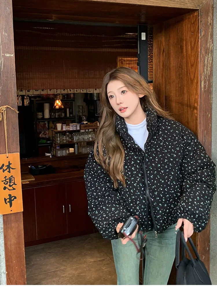 Sweet Fresh Floral Print Cotton Jacket For Women 2024 Vintage Design Women's Parkas Winter Loose Warm Stand Collar Bread Outwear