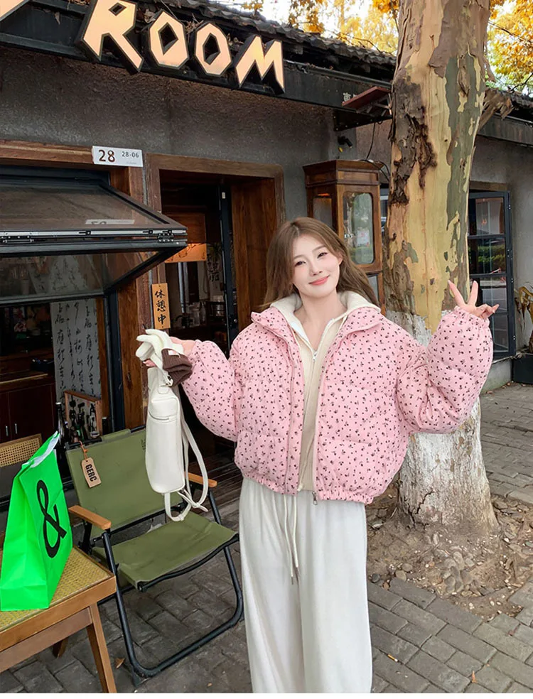 Sweet Fresh Floral Print Cotton Jacket For Women 2024 Vintage Design Women's Parkas Winter Loose Warm Stand Collar Bread Outwear