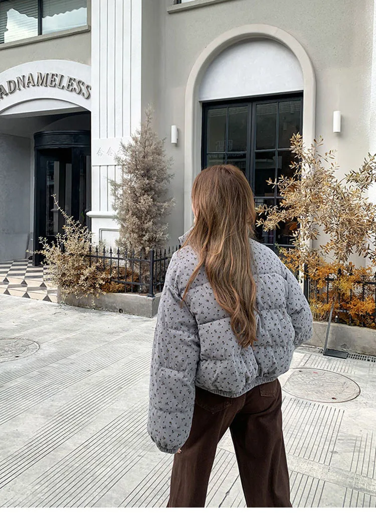 Sweet Fresh Floral Print Cotton Jacket For Women 2024 Vintage Design Women's Parkas Winter Loose Warm Stand Collar Bread Outwear