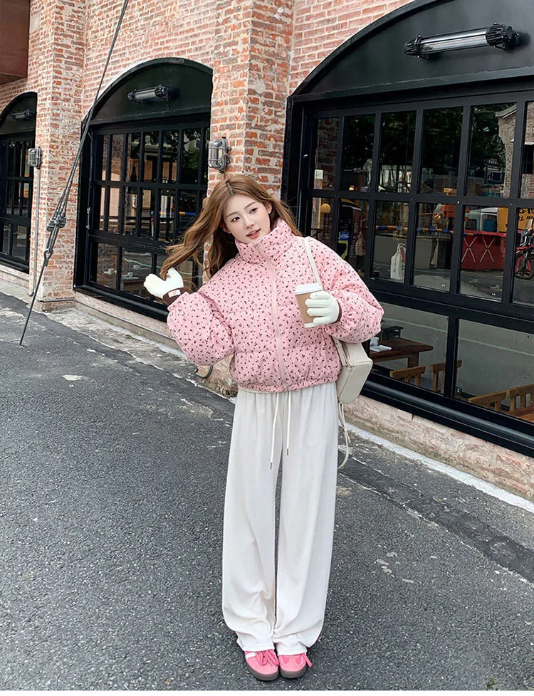 Sweet Fresh Floral Print Cotton Jacket For Women 2024 Vintage Design Women's Parkas Winter Loose Warm Stand Collar Bread Outwear