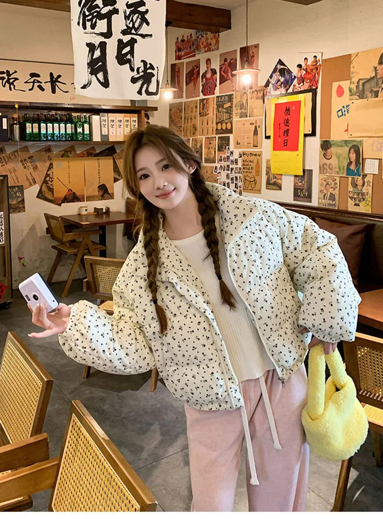 Sweet Fresh Floral Print Cotton Jacket For Women 2024 Vintage Design Women's Parkas Winter Loose Warm Stand Collar Bread Outwear