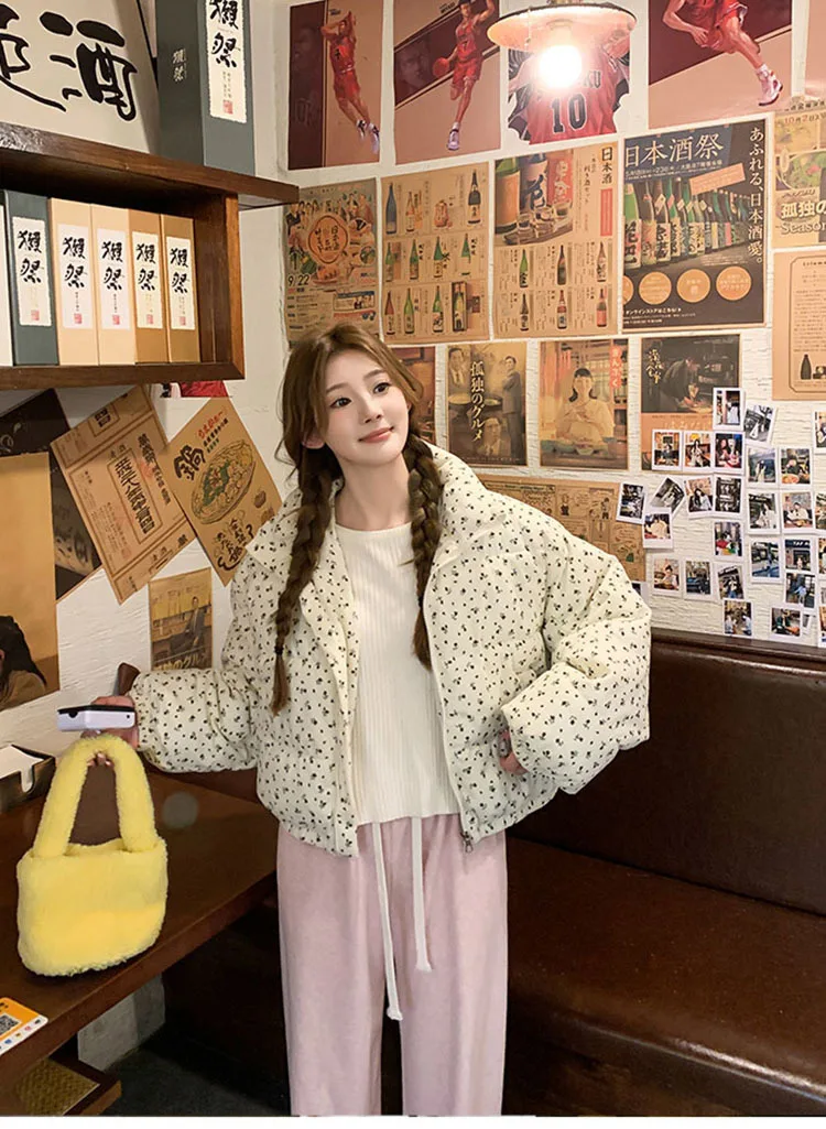 Sweet Fresh Floral Print Cotton Jacket For Women 2024 Vintage Design Women's Parkas Winter Loose Warm Stand Collar Bread Outwear
