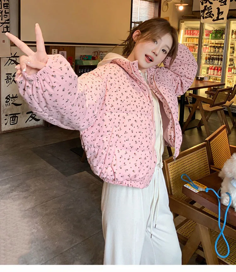 Sweet Fresh Floral Print Cotton Jacket For Women 2024 Vintage Design Women's Parkas Winter Loose Warm Stand Collar Bread Outwear