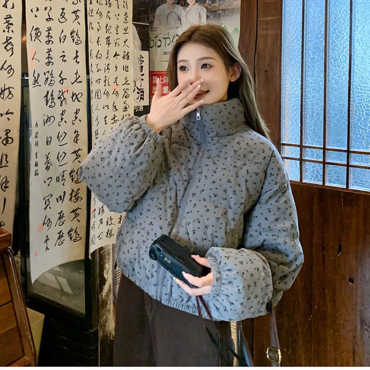 Sweet Fresh Floral Print Cotton Jacket For Women 2024 Vintage Design Women's Parkas Winter Loose Warm Stand Collar Bread Outwear