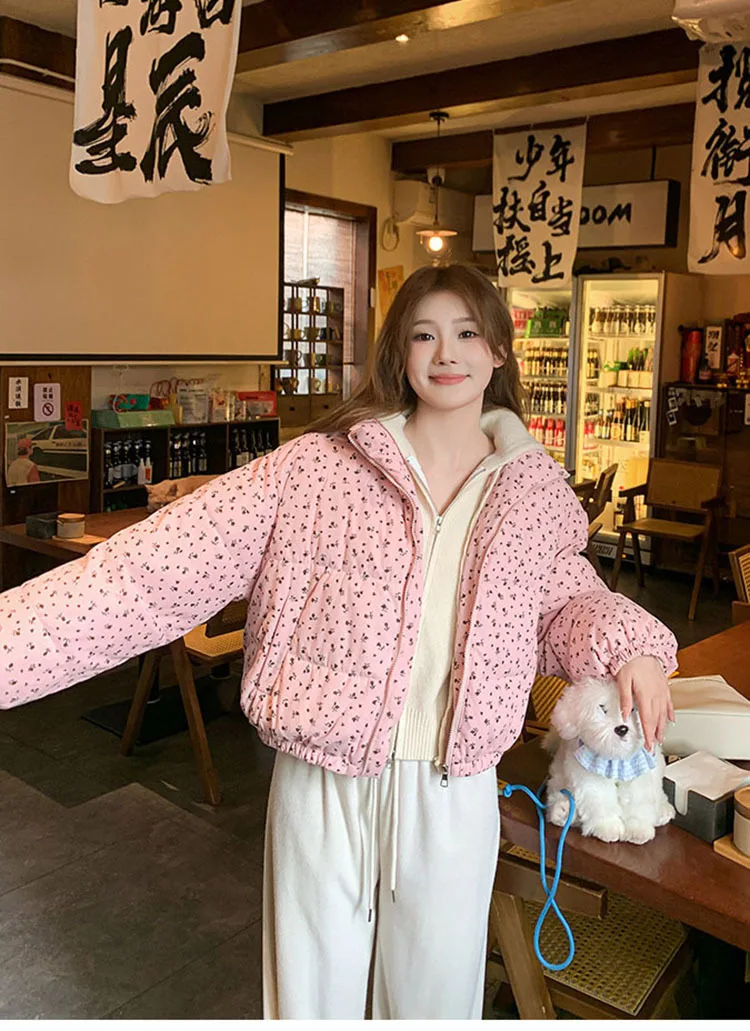 Sweet Fresh Floral Print Cotton Jacket For Women 2024 Vintage Design Women's Parkas Winter Loose Warm Stand Collar Bread Outwear