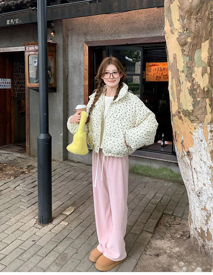 Sweet Fresh Floral Print Cotton Jacket For Women 2024 Vintage Design Women's Parkas Winter Loose Warm Stand Collar Bread Outwear