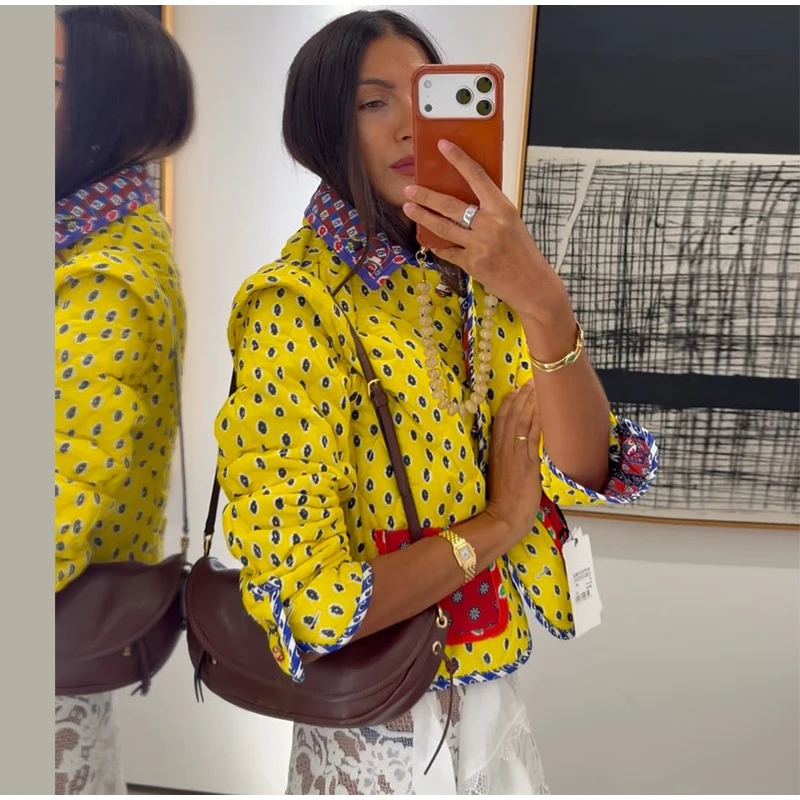 Fashion Women's Printed Reversible Cotton Padded Coat Lapel Long Sleeve Single Breasted Pockets Cropped Coats 2026 Winter Jacket