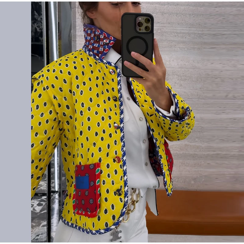 Fashion Women's Printed Reversible Cotton Padded Coat Lapel Long Sleeve Single Breasted Pockets Cropped Coats 2026 Winter Jacket