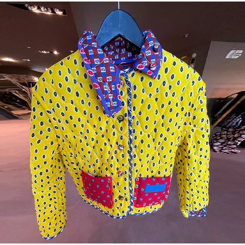 Fashion Women's Printed Reversible Cotton Padded Coat Lapel Long Sleeve Single Breasted Pockets Cropped Coats 2026 Winter Jacket