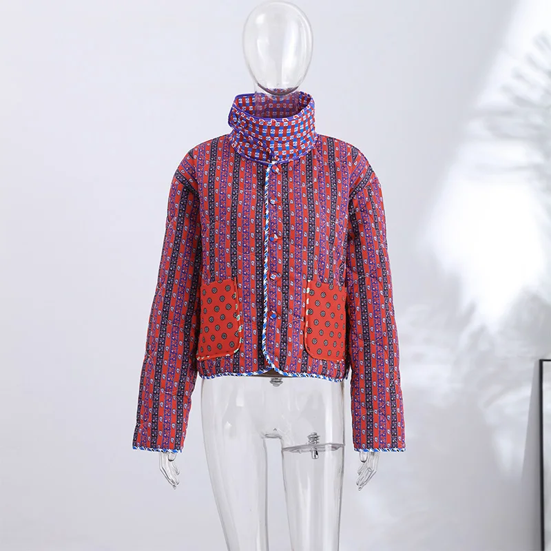 Retro Reversible Quilted Padded Jacket Women Color Block Print Pocket Button Coat 2026 Autumn Winter New Lady Fashion Outerwear