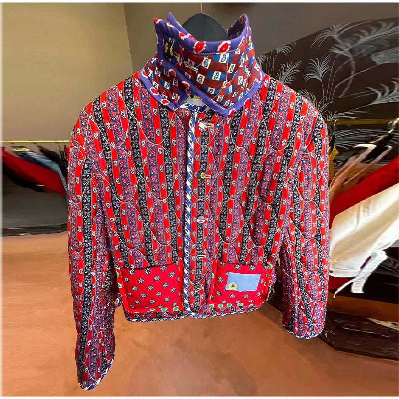 Retro Reversible Quilted Padded Jacket Women Color Block Print Pocket Button Coat 2026 Autumn Winter New Lady Fashion Outerwear