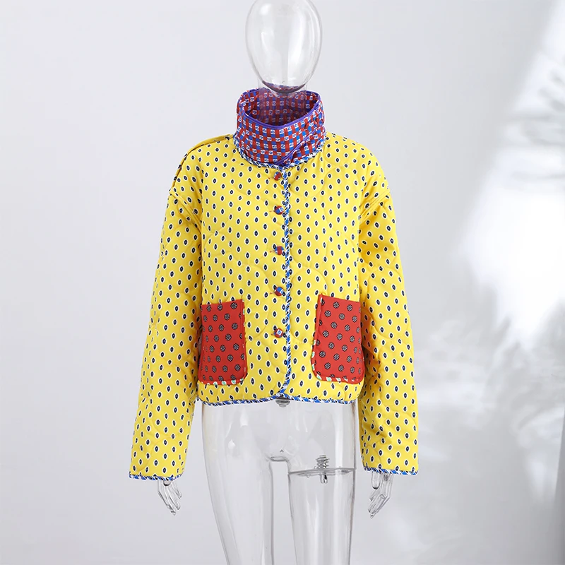 Retro Reversible Quilted Padded Jacket Women Color Block Print Pocket Button Coat 2026 Autumn Winter New Lady Fashion Outerwear