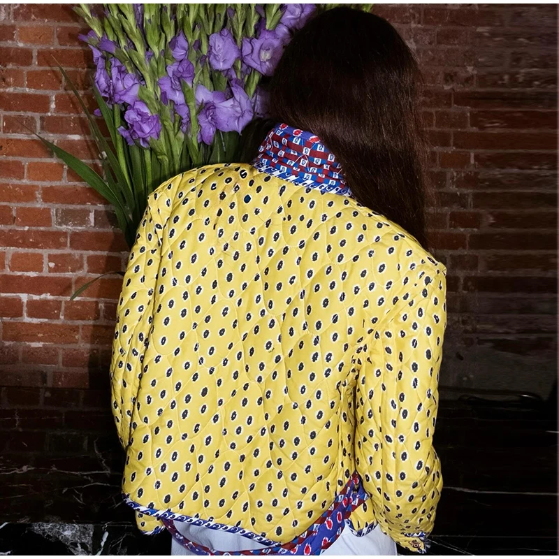 Retro Reversible Quilted Padded Jacket Women Color Block Print Pocket Button Coat 2026 Autumn Winter New Lady Fashion Outerwear