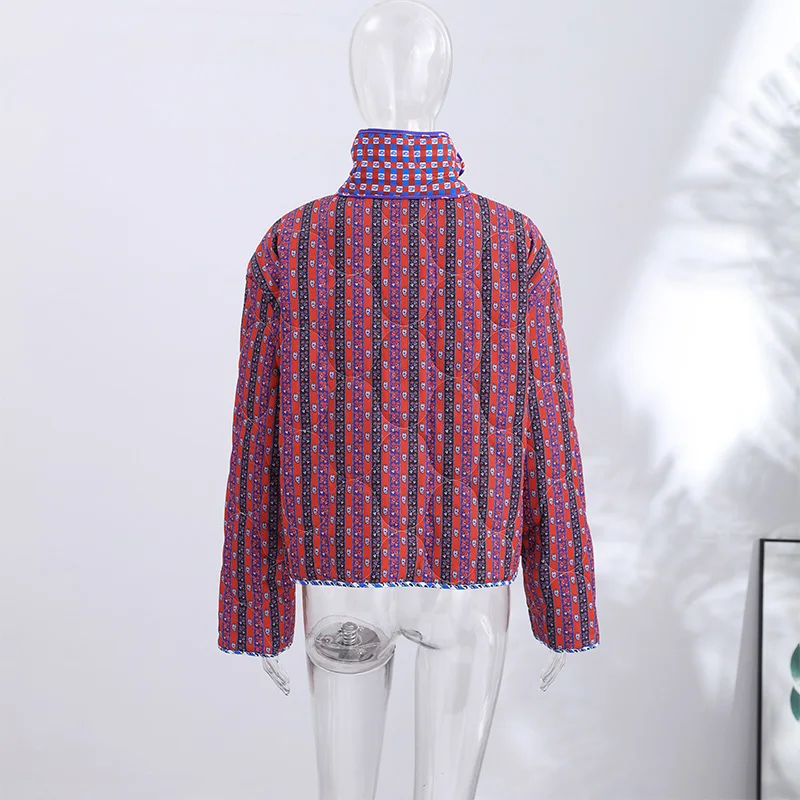 Retro Reversible Quilted Padded Jacket Women Color Block Print Pocket Button Coat 2026 Autumn Winter New Lady Fashion Outerwear