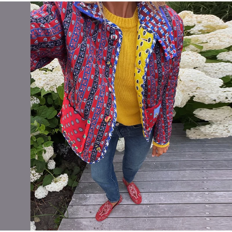 Retro Reversible Quilted Padded Jacket Women Color Block Print Pocket Button Coat 2026 Autumn Winter New Lady Fashion Outerwear