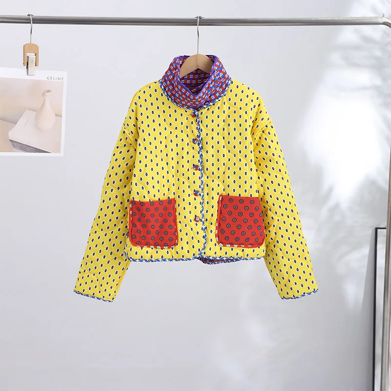Retro Reversible Quilted Padded Jacket Women Color Block Print Pocket Button Coat 2026 Autumn Winter New Lady Fashion Outerwear