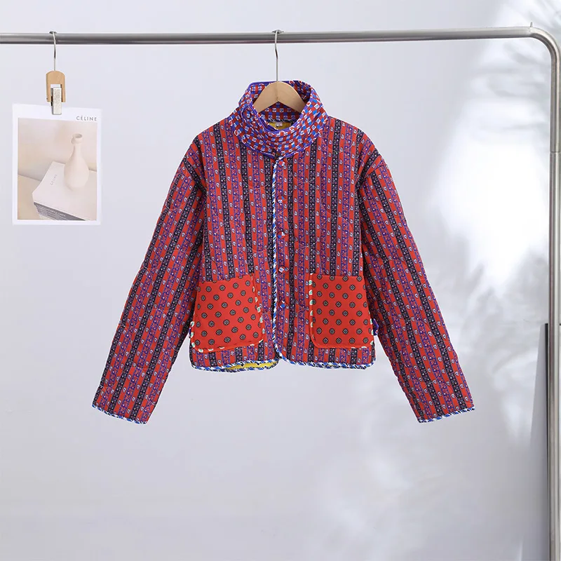 Retro Reversible Quilted Padded Jacket Women Color Block Print Pocket Button Coat 2026 Autumn Winter New Lady Fashion Outerwear