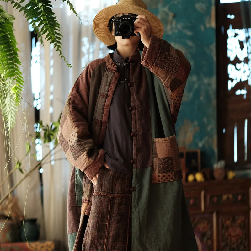 Johnature Women Winter Vintage Parkas Stand Long Sleeve Button Plus Cotton Winter Coats 2025 New Chinese Style Women Parkas