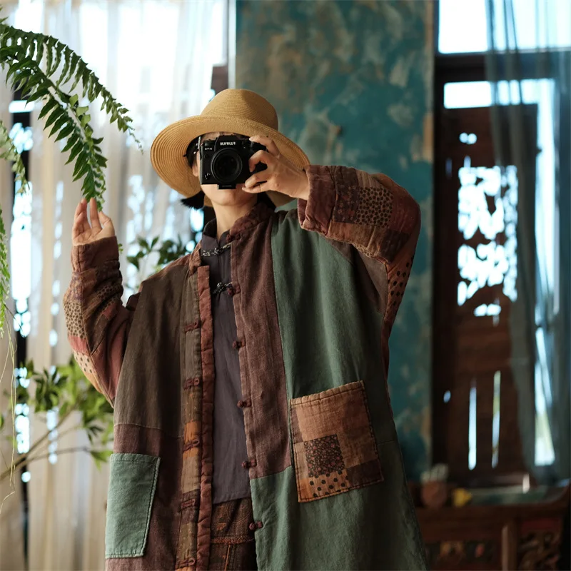 Johnature Women Winter Vintage Parkas Stand Long Sleeve Button Plus Cotton Winter Coats 2025 New Chinese Style Women Parkas
