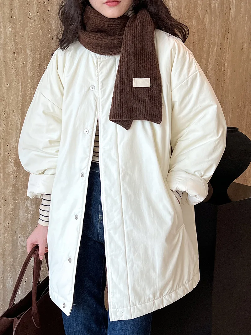 [LANMREM] Office Lady Cotton Padded Coat For Women Stand Neck Single Breasted Minimalism Warm Jackets 2024 Winter New 26C1339