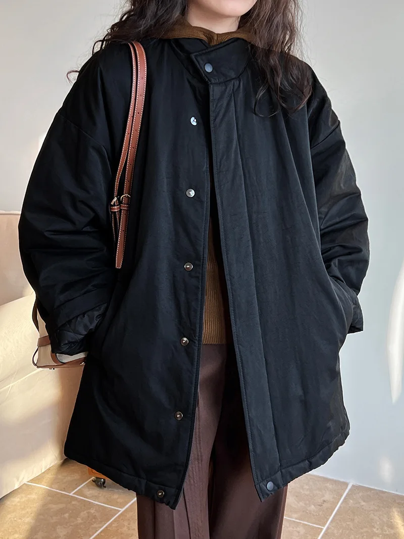 [LANMREM] Office Lady Cotton Padded Coat For Women Stand Neck Single Breasted Minimalism Warm Jackets 2024 Winter New 26C1339