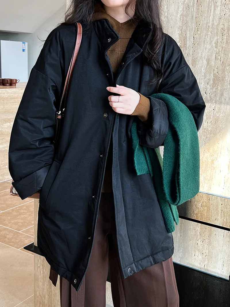 [LANMREM] Office Lady Cotton Padded Coat For Women Stand Neck Single Breasted Minimalism Warm Jackets 2024 Winter New 26C1339
