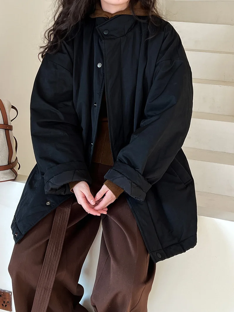 [LANMREM] Office Lady Cotton Padded Coat For Women Stand Neck Single Breasted Minimalism Warm Jackets 2024 Winter New 26C1339