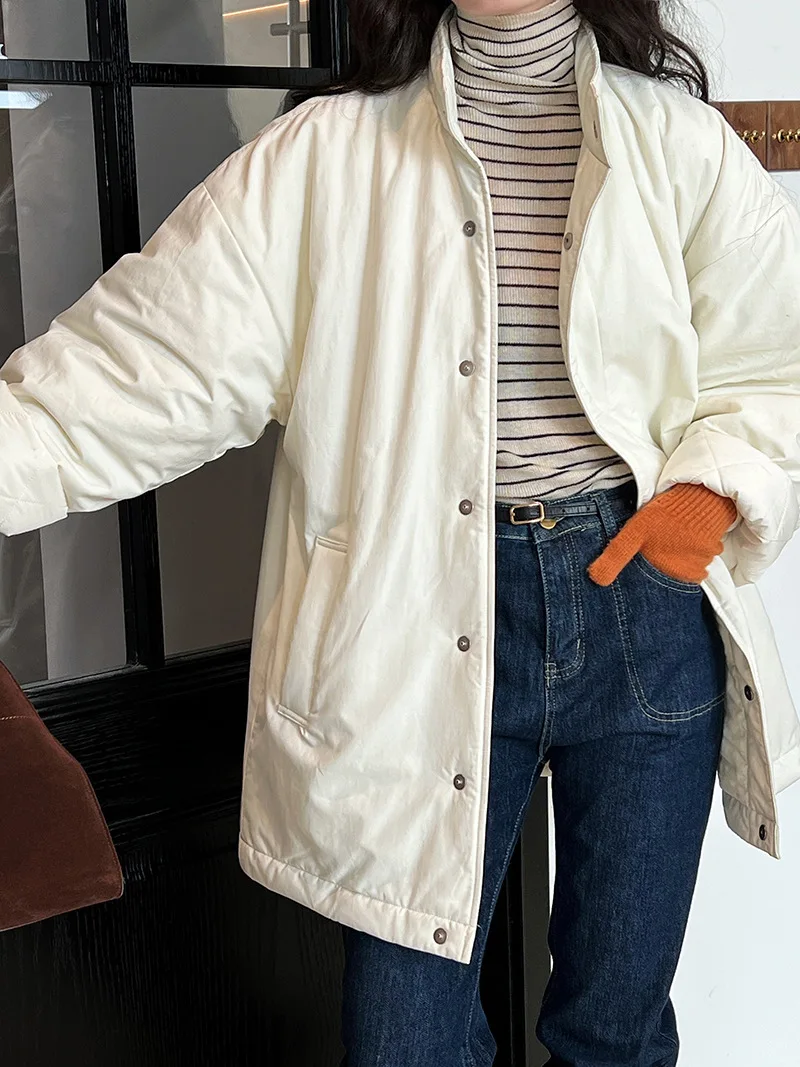 [LANMREM] Office Lady Cotton Padded Coat For Women Stand Neck Single Breasted Minimalism Warm Jackets 2024 Winter New 26C1339