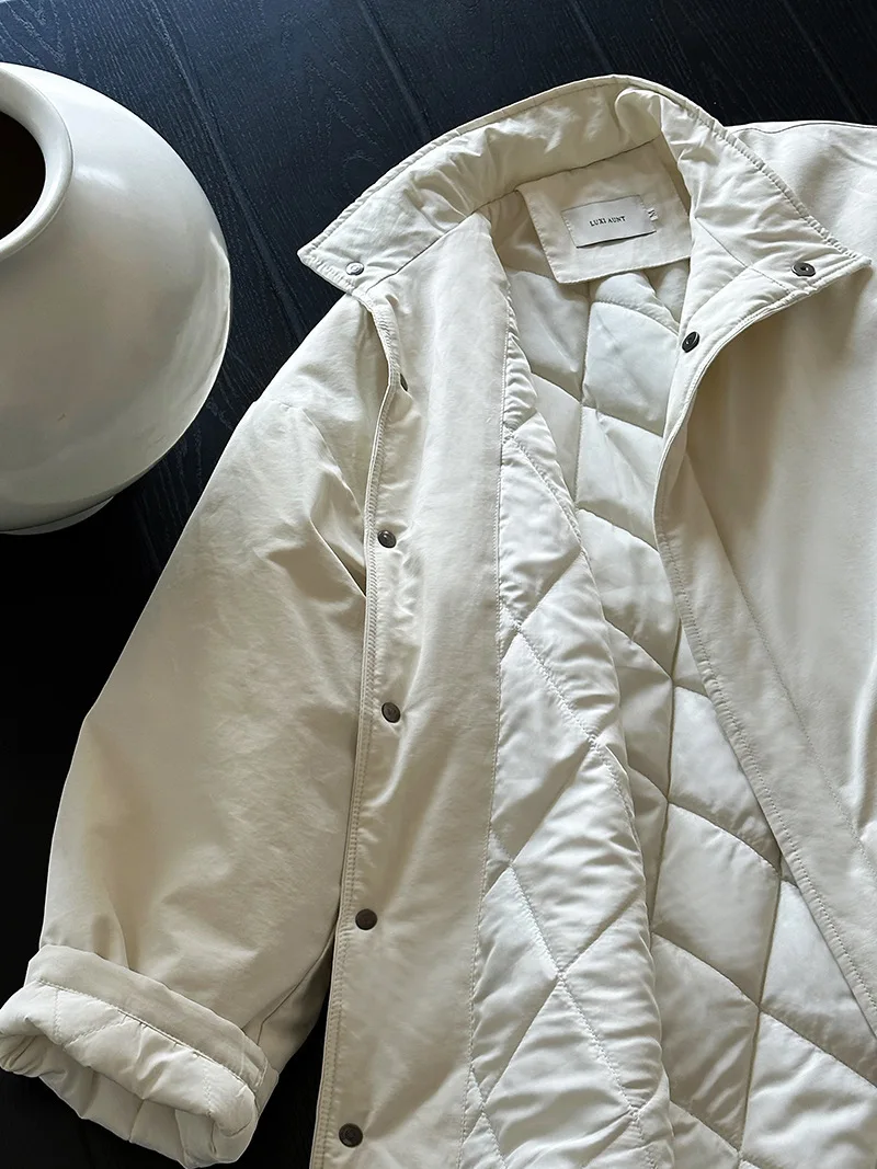 [LANMREM] Office Lady Cotton Padded Coat For Women Stand Neck Single Breasted Minimalism Warm Jackets 2024 Winter New 26C1339
